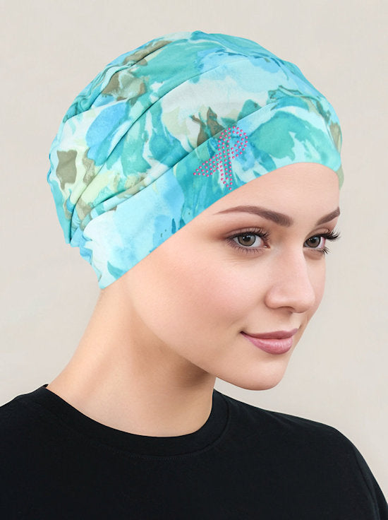 Cloche Cap Green Blue Water Floral Pink Ribbon