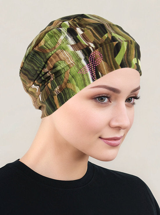 Cloche Cap Green Brown Abstract Pink Ribbon