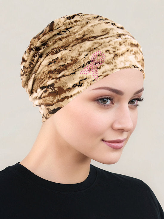 Cloche Cap Brown Tiger Pink Ribbon