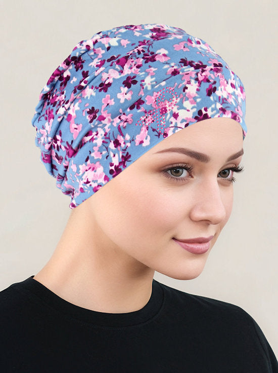 Cloche Cap Blue Pink Floral Pink Ribbon