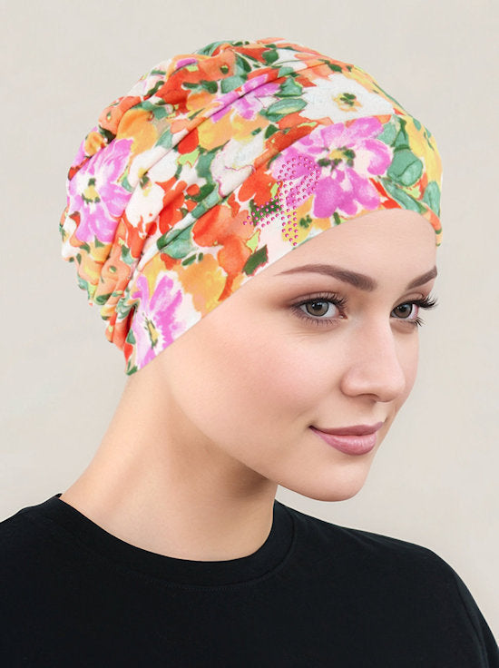 Cloche Cap Orange Sage Floral Pink Ribbon