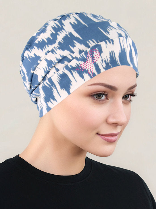 Cloche Cap Denim Cream Ikat Geometric Pink Ribbon