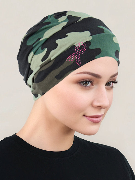 Cloche Cap Green Army Pink Ribbon