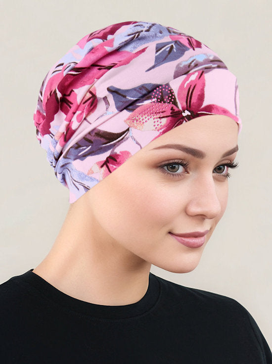 Cloche Cap Pink Lilac Tropical Floral Pink Ribbon