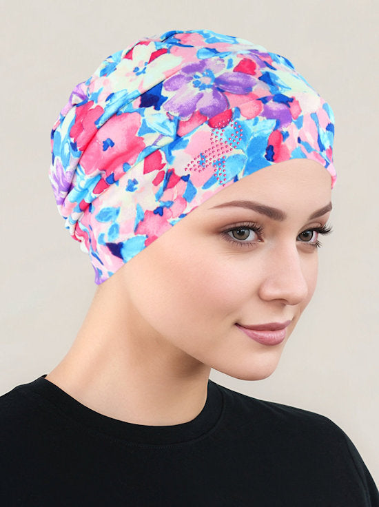 Cloche Cap Pink Blue Floral Pink Ribbon