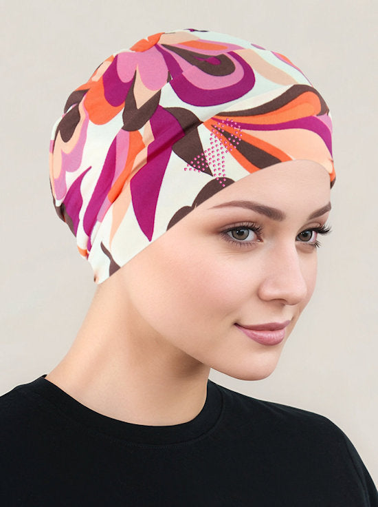 Cloche Cap Ivory Magenta Mod Floral Pink Ribbon