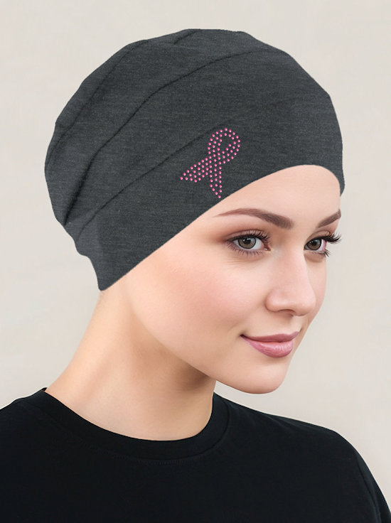 Cloche Cap Charcoal Gray Pink Ribbon