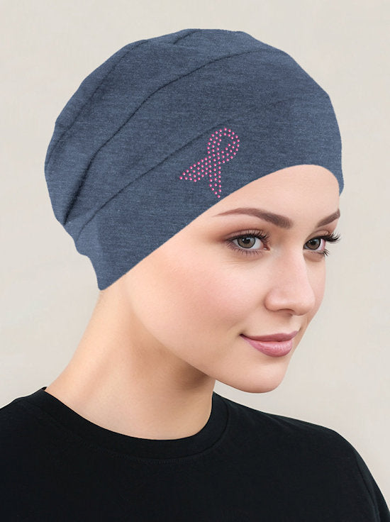 Cloche Cap Dark Denim Pink Ribbon