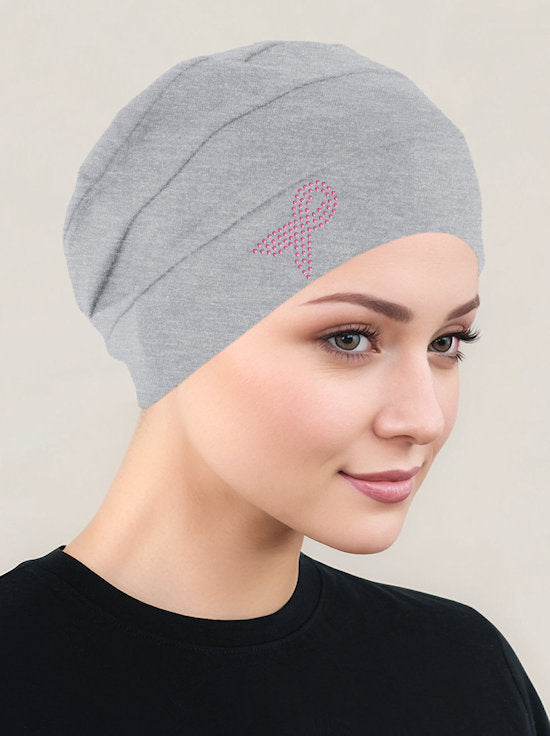 Cloche Cap Heather Gray Pink Ribbon