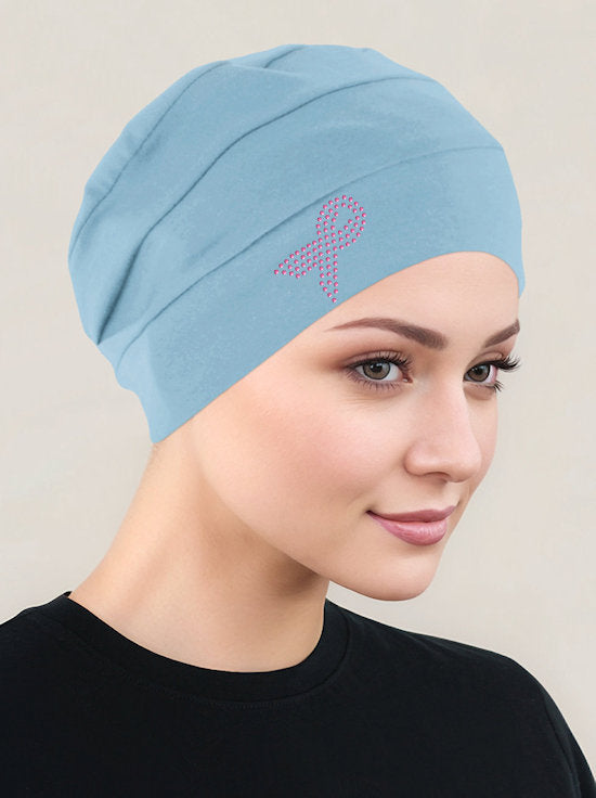 Cloche Cap Light Blue Pink Ribbon