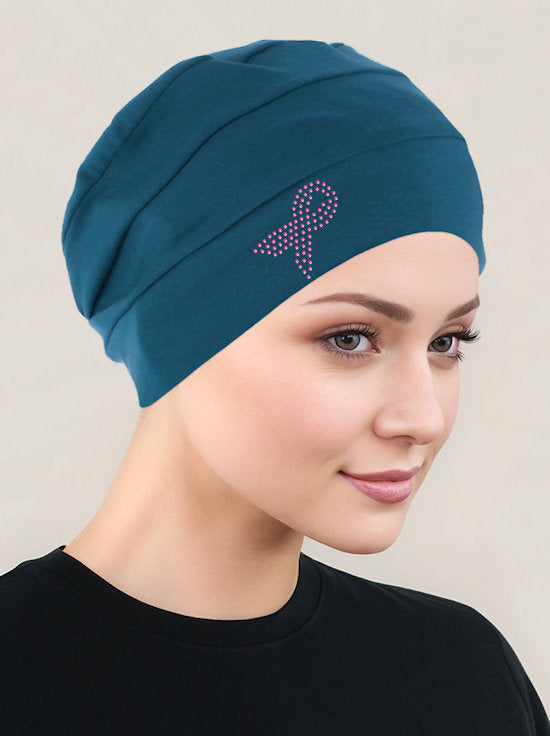 Cloche Cap Teal Pink Ribbon