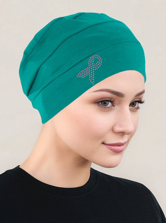 Cloche Cap Turquoise Green Pink Ribbon