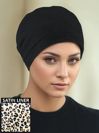 Satin Lined Cotton Sleep Cap Black