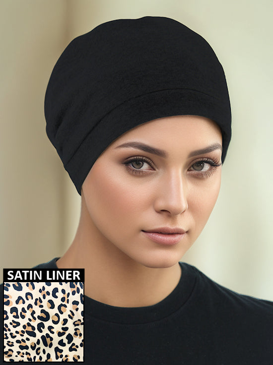 Satin Lined Cotton Sleep Cap Black