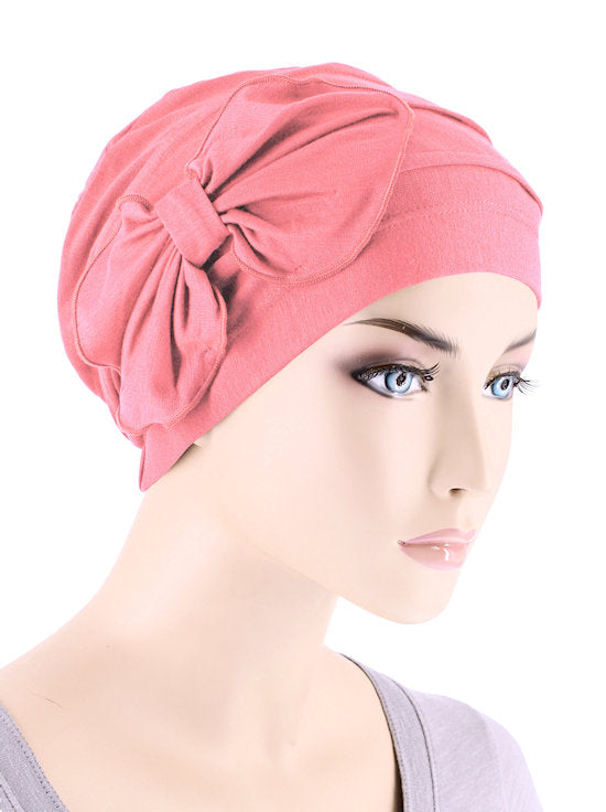 Bamboo Pleated Bow Cap Coral Pink