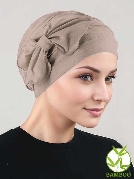 Bamboo Pleated Bow Cap Champagne Beige