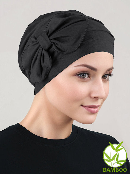 Bamboo Pleated Bow Cap Onyx Black