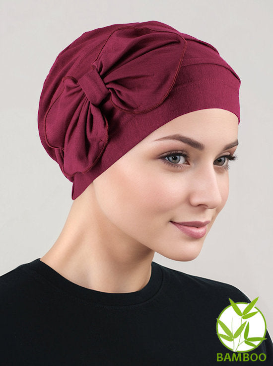 Bamboo Pleated Bow Cap Burgundy