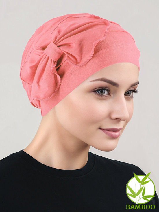 Bamboo Pleated Bow Cap Coral Pink