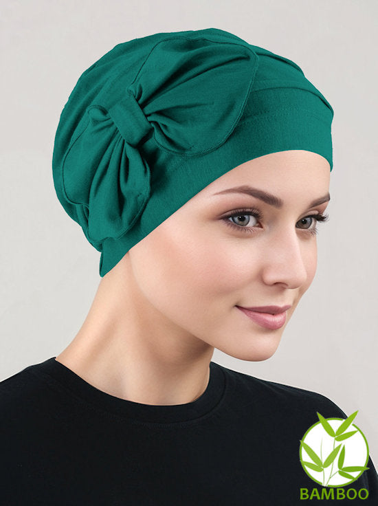 Bamboo Pleated Bow Cap Emerald Green