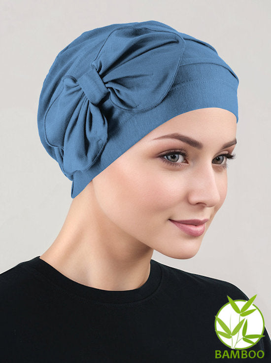 Bamboo Pleated Bow Cap Indigo Blue