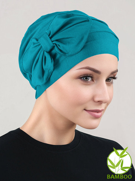Bamboo Pleated Bow Cap Light Teal