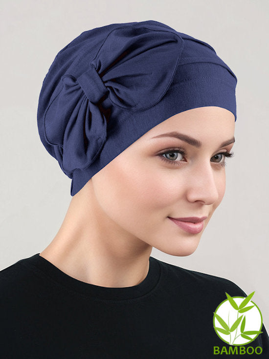 Bamboo Pleated Bow Cap Navy Blue