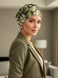 Pleated Bow Cap Green Brown Abstract