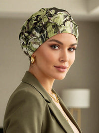 Pleated Bow Cap Green Brown Abstract