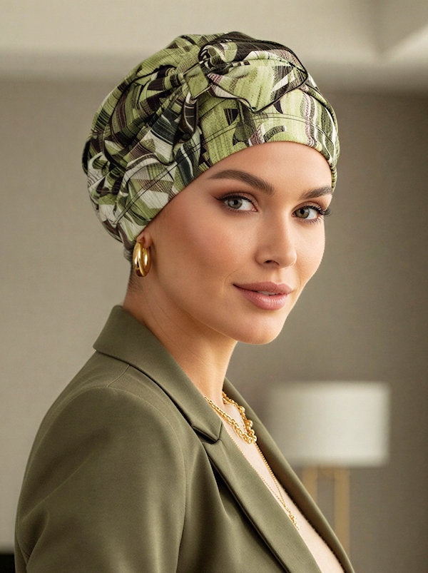 Pleated Bow Cap Green Brown Abstract