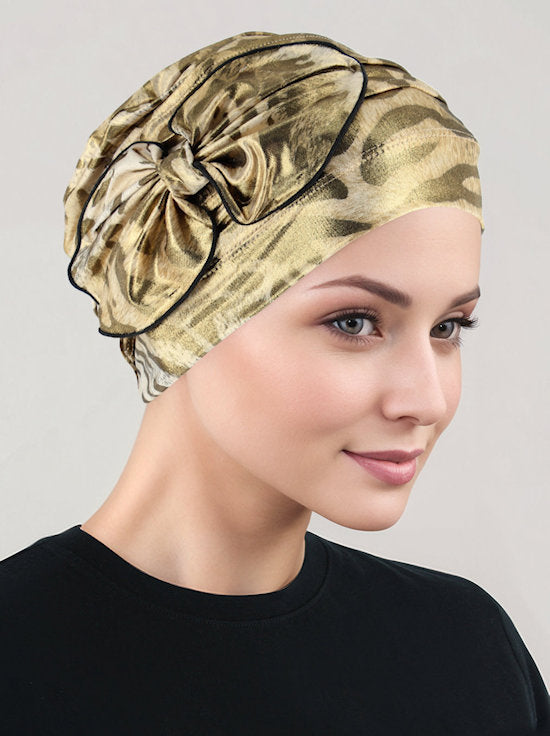Pleated Bow Cap Leopard Gold Shimmer