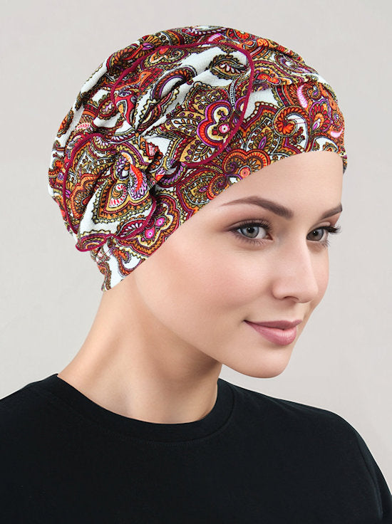 Pleated Bow Cap Red Paisley