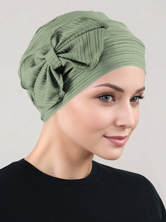 Pleated Bow Cap Ribbed Sage Green