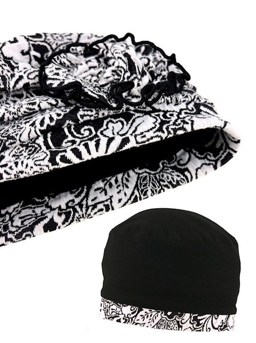 Pleated Winter Hat Fleece Lined Black Floral