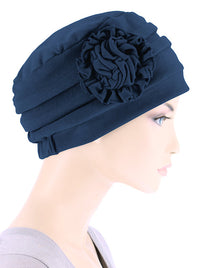 Pleated Winter Hat Fleece Lined Navy Blue