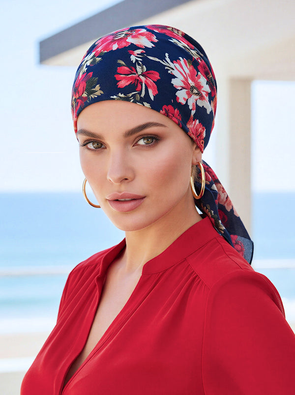 Shorty Scarf Navy Red Floral