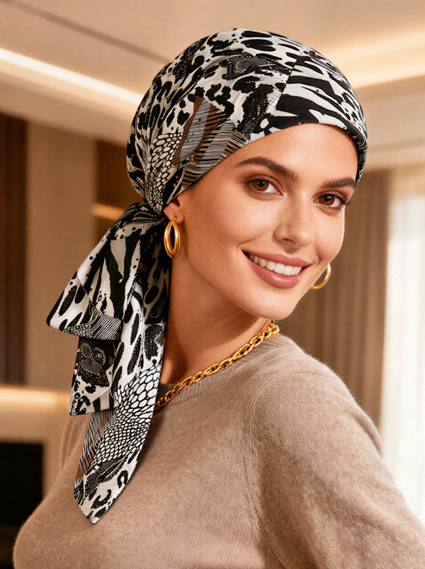 Head Wrap Scarf Gray Black Gold Animal Sequin