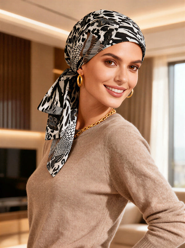 Head Wrap Scarf Gray Black Gold Animal Sequin