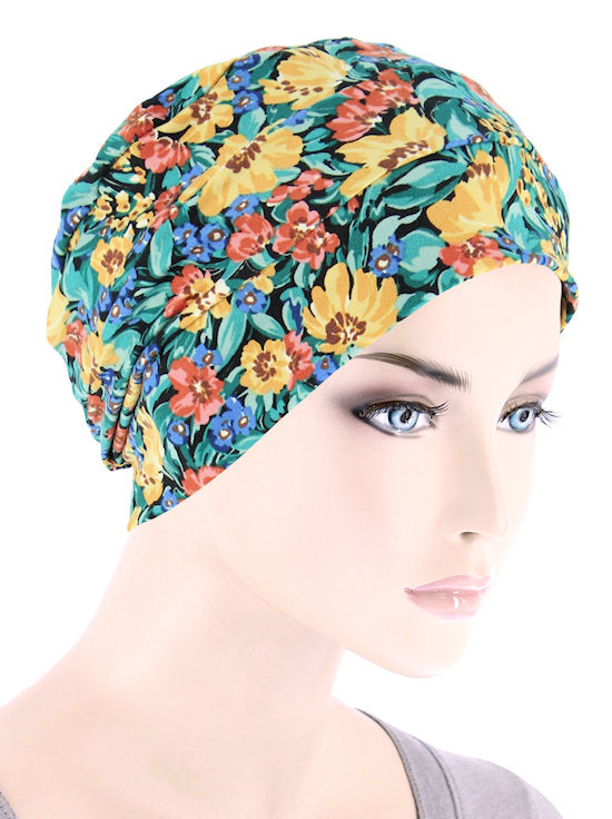 Outlets Ladies Winter Turban Hat Liberty Vintage Clydella light Green orange random floral print Chemotherapy Hat alopecia hair loss warm lined