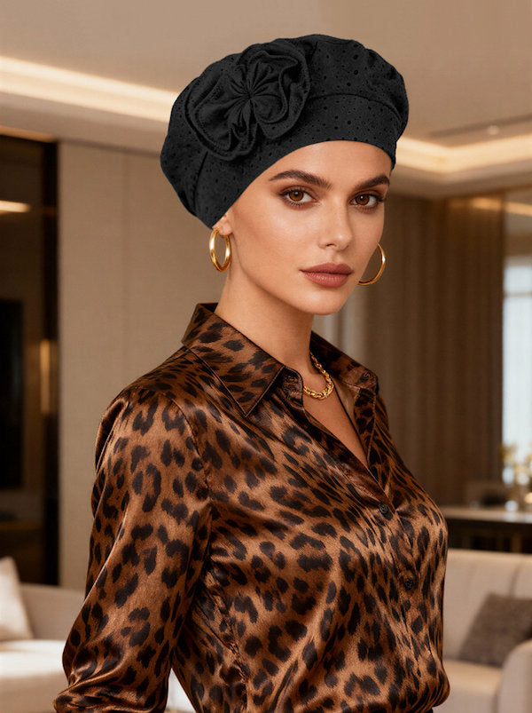 Eyelet Beret Bow Cap Bamboo Lined Black