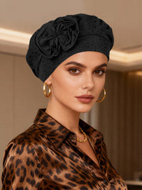 Eyelet Beret Bow Cap Bamboo Lined Black