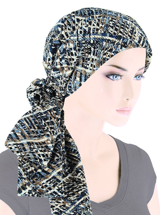 Head Wrap Scarf Plisse Blue Beige Abstract