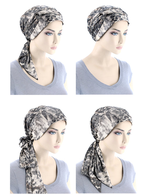 Head Wrap Scarf Plisse Blue Beige Abstract