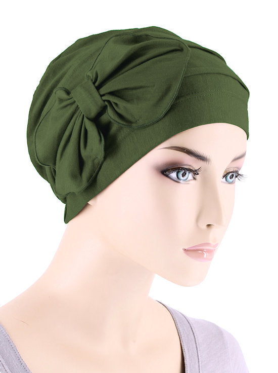 Bamboo Pleated Bow Cap Olive Green