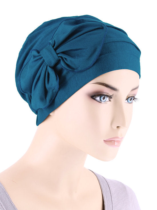 Bamboo Pleated Bow Cap Teal Blue