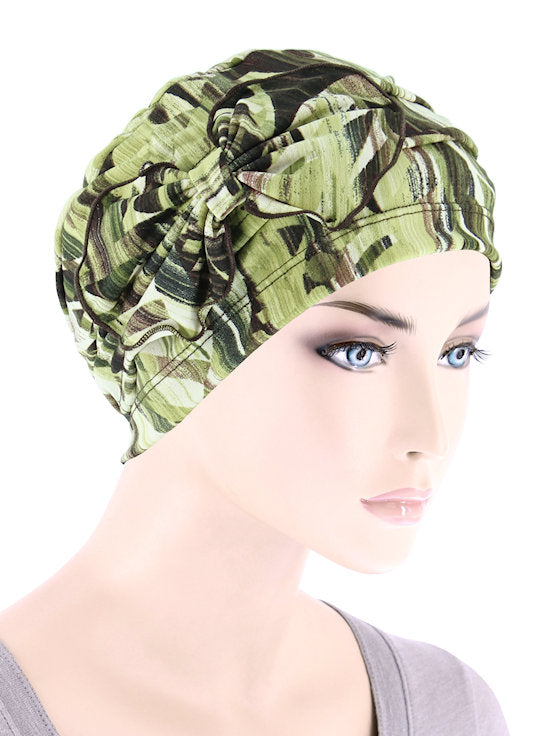 Pleated Bow Cap Green Brown Abstract