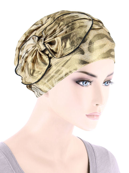Pleated Bow Cap Leopard Gold Shimmer
