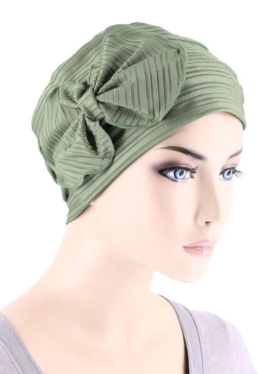Pleated Bow Cap Ribbed Sage Green